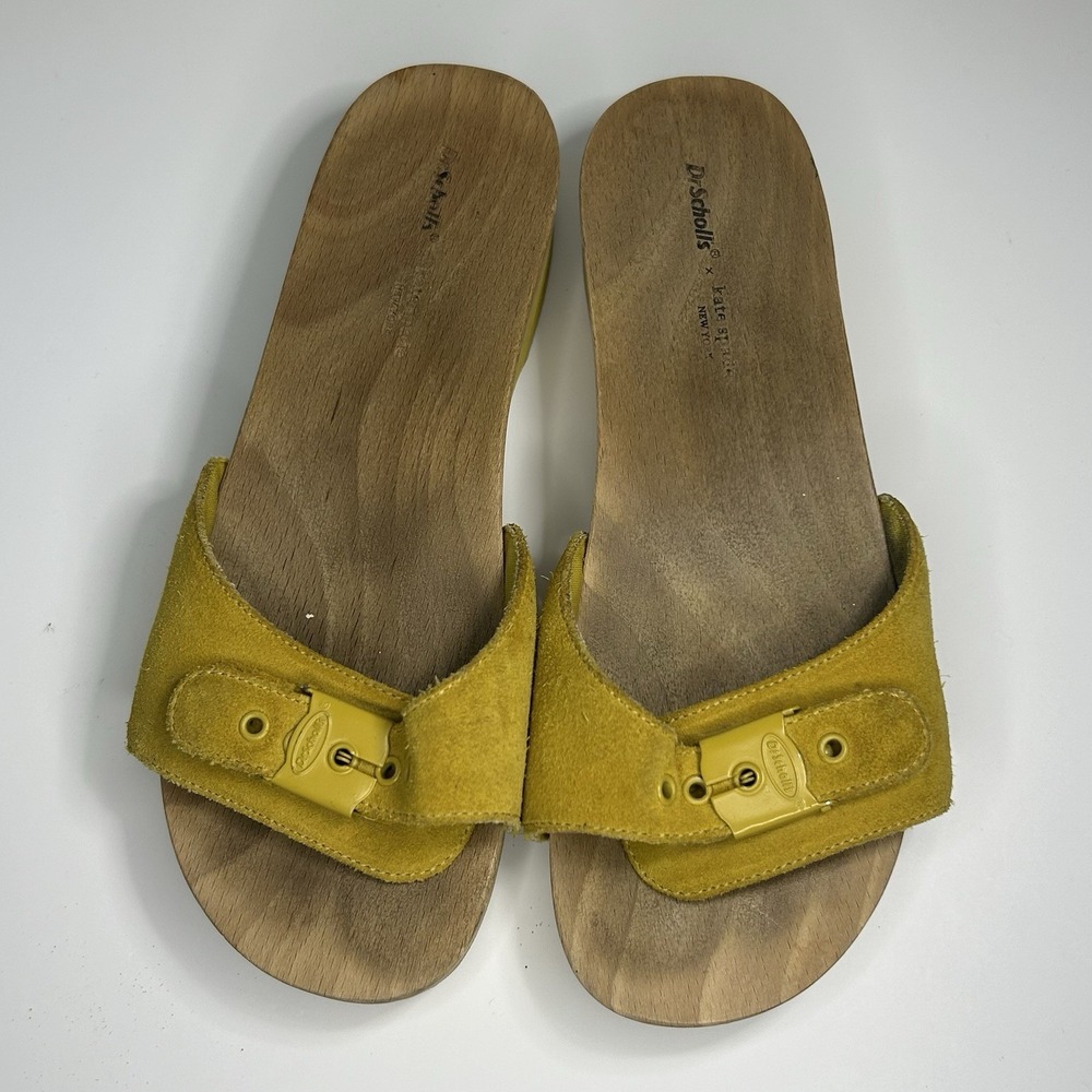 Dr Scholls X Kate Spade Yellow Suede Shoes Sandal‎ Slides Wood Size 6 Women's